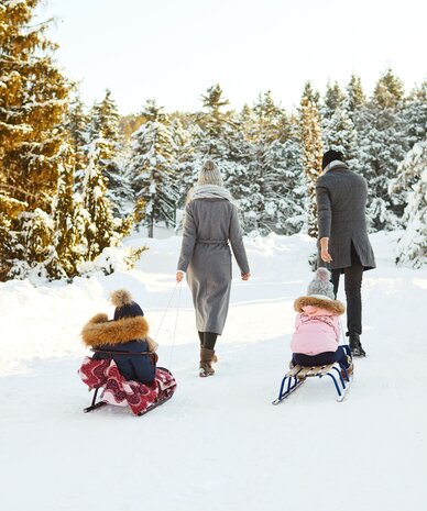 Two adults walk while two children ride sleds in a snowy forest