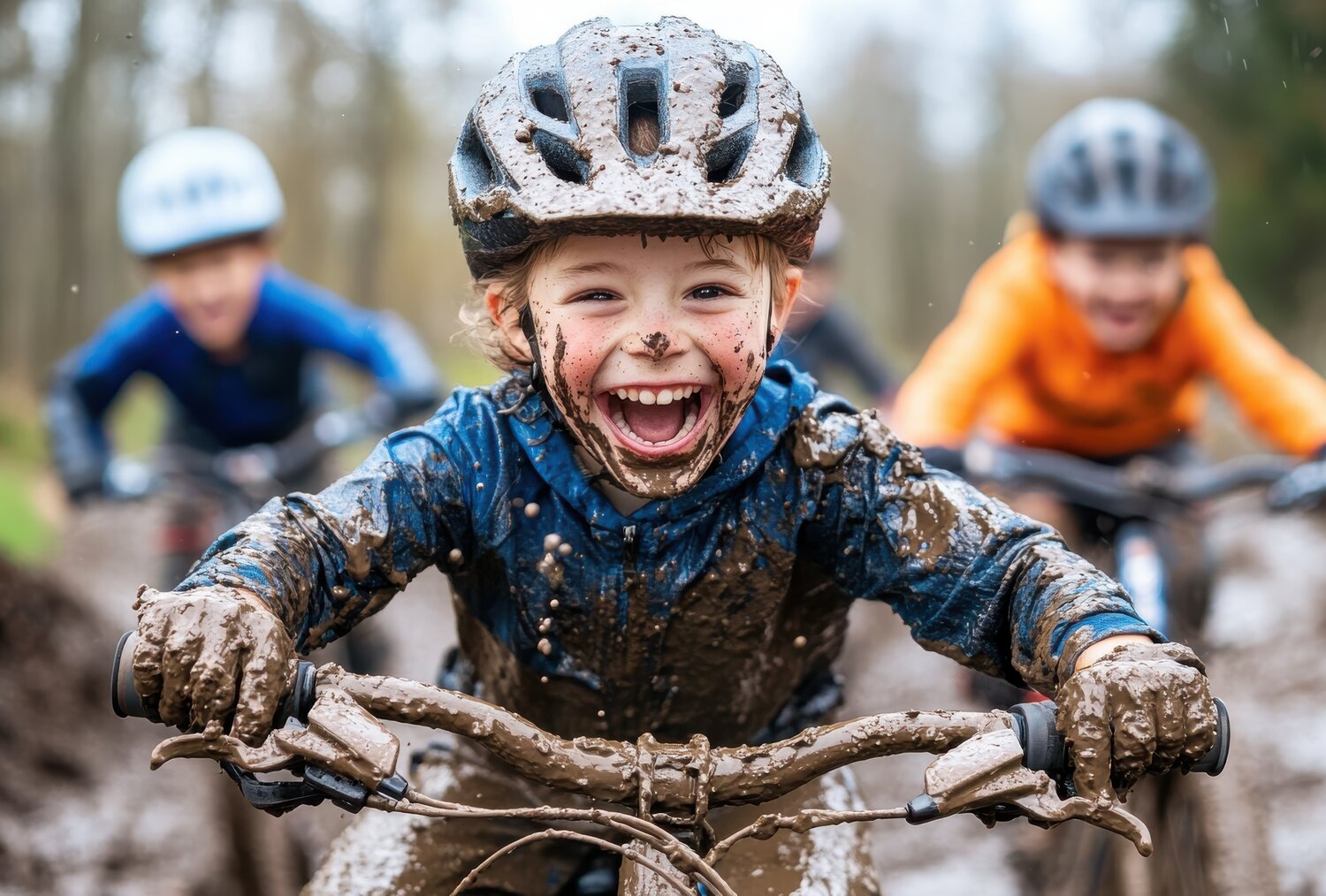 Smiling child rides muddy bike, wearing helmet, mud splattered