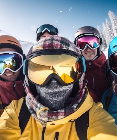 Group of five skiers wearing helmets and goggles posing on snowy slope