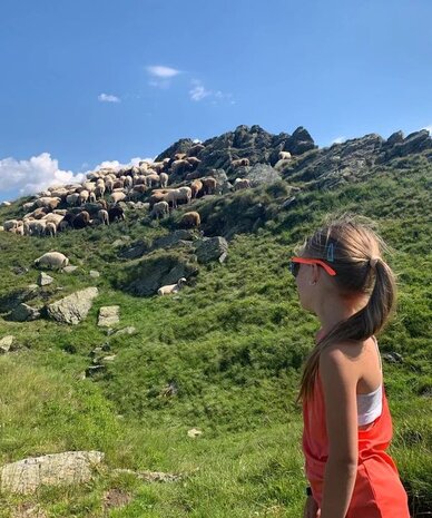 Girl in red outfit watches flock of sheep on hillside