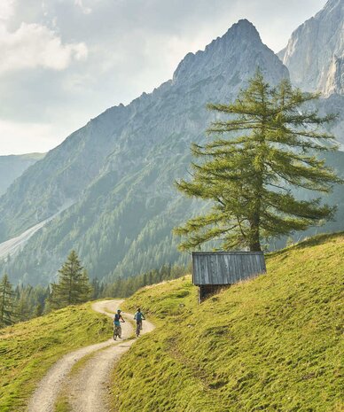 Two cyclists ride along a winding mountain path.