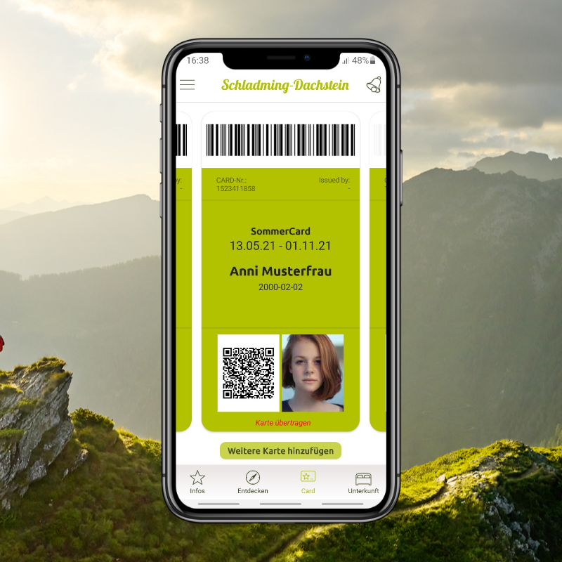 Mobile app screen showing SommerCard with barcode and QR code