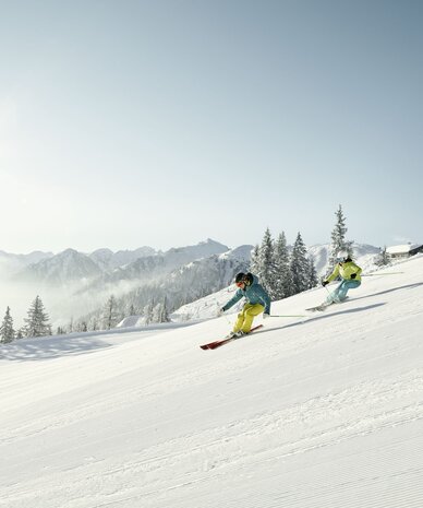 Two skiers descending a snow-covered alpine slope under the sun