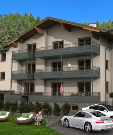 Three-story apartment building with balconies, parked cars, and surrounding trees.