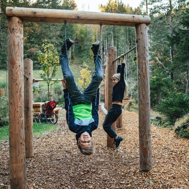 Two children play on a wooden swing set in a forest.