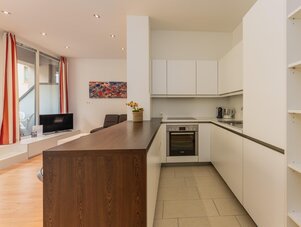 Open-plan kitchen and living area with white cabinetry