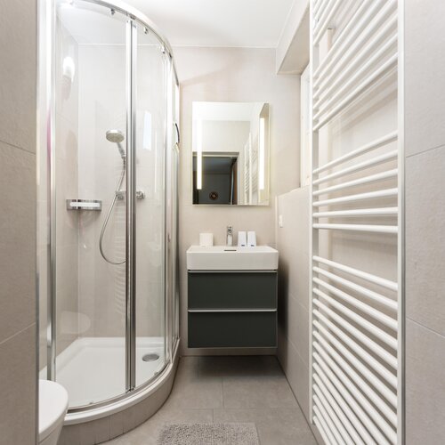 Modern bathroom with curved glass shower enclosure