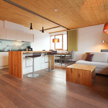 Open-plan living area with kitchen island and sofa | © SCHLADMING-APPARTEMENTS