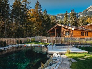 Wooden cabin beside a clear outdoor pool surrounded by fence and trees.