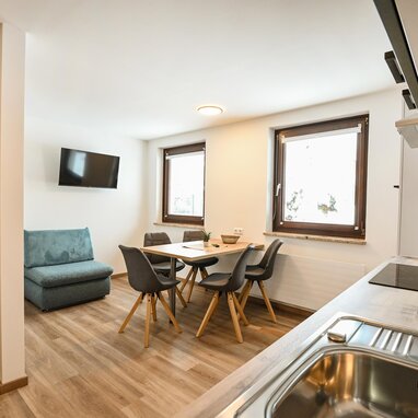 Open-plan living area with sofa, dining table, and kitchen