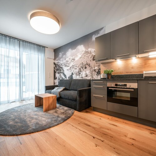 Modern open-plan living area with kitchen and gray sofa