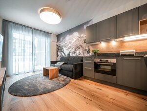 Open-plan living area with grey kitchen and mountain mural