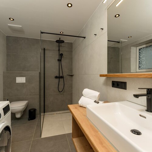 Modern bathroom with glass shower, sink, toilet, and washing machine