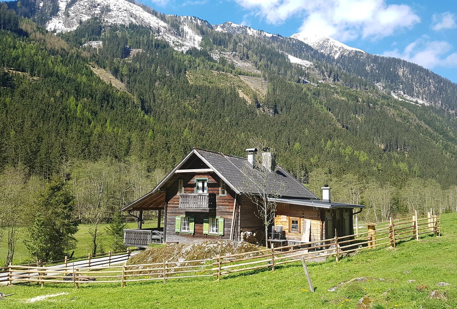 Wooden alpine cabin on a grassy meadow with snow-capped peaks