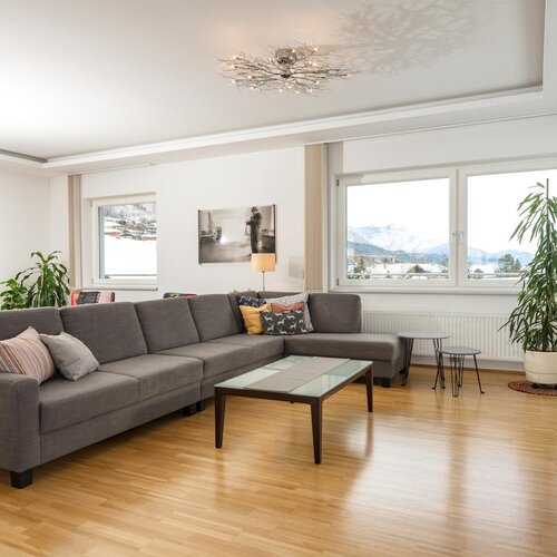 Bright modern living room with gray sectional sofa and mountain view