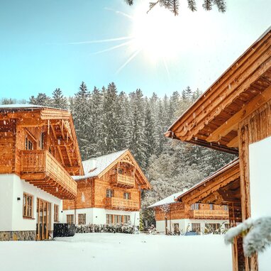 Snowy wooden chalet village with pine forest