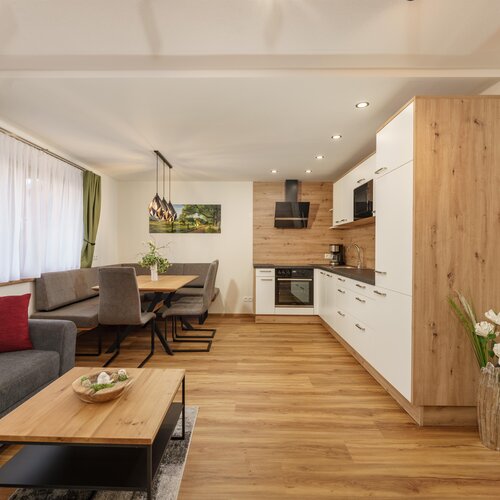 Open-plan living area with dining nook and kitchen