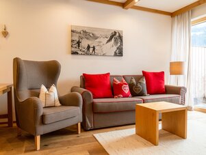 Cozy living room with grey sofa, armchair and red cushions