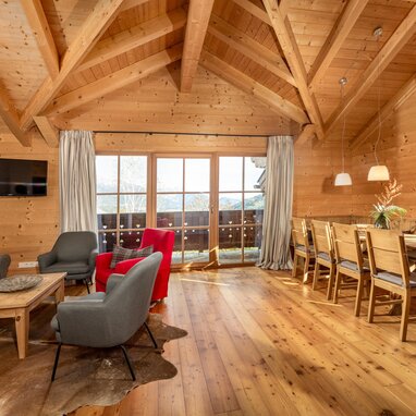 Rustic wooden living room with dining area and mountain view