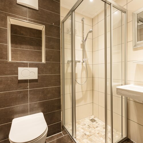 Modern bathroom with shower enclosure, toilet and sink