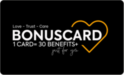 BONUSCARD logo with a yellow heart outline on black background